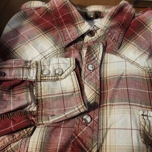 Arizona Jean Company Burgundy and Cream Plaid Shirt